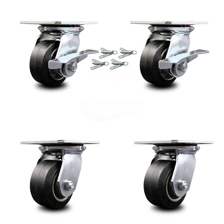 Service Caster 4 Inch Rubber on Aluminum Caster Set with Ball Bearing 4 Swivel Lock and 2 Brake SCC-35S420-RAB-SLB-BSL-2-BSL-2